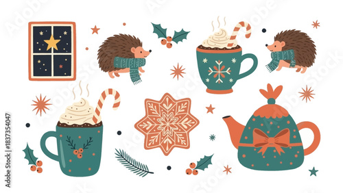 Festive Holiday Cheer: Delightful illustrated scene of cozy winter elements, showcasing gingerbread, hot beverages, and whimsical hedgehogs, creating a sense of warmth and seasonal joy. 