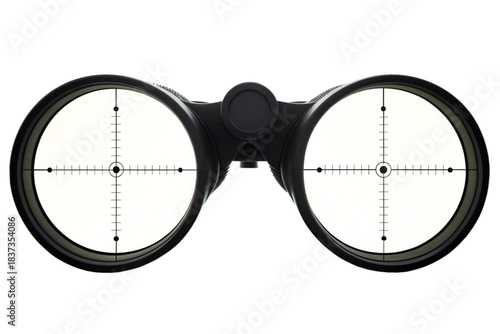 Black binoculars with target crosshair reticles in the lenses, viewed from the front.