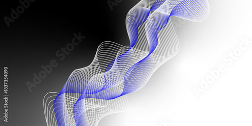 Blue and White Wave Abstract Background. Long exposure photograph of blue neon colour in an abstract swirl, parallel lines pattern against a black background. lines for banner, business background.