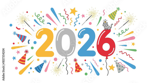 New Year's Eve Celebration 2026: An inviting illustration that depicts the upcoming year, surrounded by festive confetti, party hats, and sparklers, with a friendly cartoon cat perched atop a balloon.