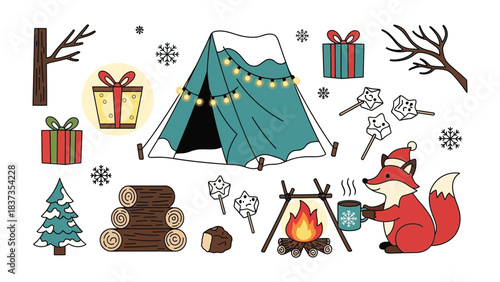Cozy Christmas Camping Illustration: A whimsical illustration sets the scene for a festive holiday camping trip.