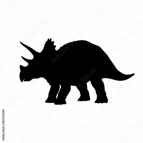 Black Triceratops dinosaur silhouette with three prominent horns and a distinctive frill, standing sideways.