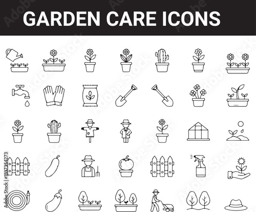 Garden tools and plant care icon set. Home Gardening and Plant Care Line Icon Set. Includes icons for plant, flower, watering can, shovel, pot, tree, seeds, gloves, lawn mower, and sunlight. 
