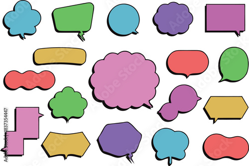 Colorful comic speech bubble set featuring diverse shapes including cloud, oval, rectangular, and abstract forms. Bold outline cartoon-style collection ideal for dialogue, notifications, and creative 