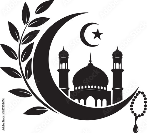 Islamic crescent moon with mosque, star, prayer beads and branch on white background