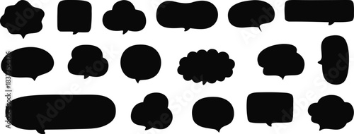 Bold black speech bubble silhouettes ideal for comics, chat designs, and creative typography. This collection offers versatile shapes for dialogue, notes, and highlights. Perfect for posters, stickers