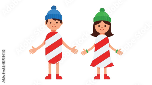 Whimsical Duo: Two cheerful figures, a boy and a girl, stand side by side, adorned in vibrant striped costumes and cozy knit caps, embodying a playful, festive spirit.