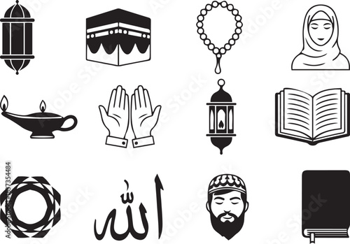 Islamic Icons Set Kaaba Prayer Beads Quran Lamp Allah Symbol vector illustration
