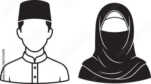 Muslim Man And Woman Icon Set Islamic Culture Symbols vector illustration