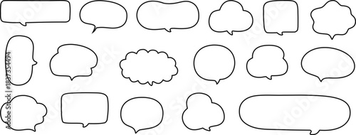 Hand-drawn speech bubble set featuring various shapes including round, rectangular, cloudlike, and elongated outlines. Clean doodle-style vector collection ideal for comics, messaging designs,