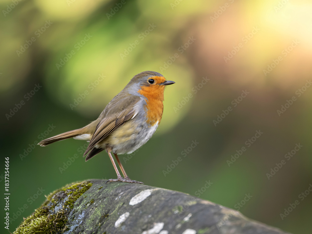 Fototapeta premium Robin bird perched on mossy branch in forest, wildlife photography