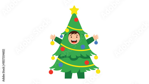 Christmas Tree Costume: A whimsical illustration of a person joyfully donning a vibrant Christmas tree costume, radiating holiday cheer and festive spirit.
