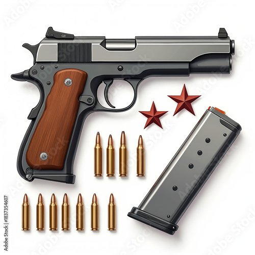 Makarov pistol with ammunition clip and bullets isolated on white. Two red stars sit near the firearm. Military weapon or police sidearm components are arranged.