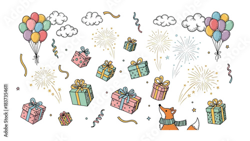 Festive Delights: Colorful balloons, fireworks, and gift boxes. A whimsical illustration suitable for festive occasions, conveying cheerfulness and celebratory vibes.
