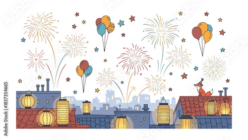 Celebratory Rooftop: A whimsical scene unfolds as fireworks burst in the sky above a cityscape, adorned with lanterns and balloons. A joyous celebration that embodies festive cheer.