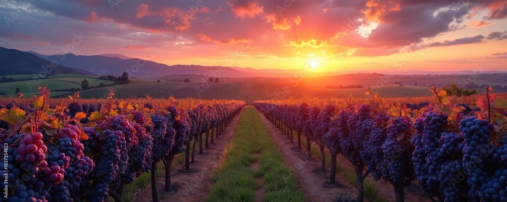 Obraz premium Vineyard rows with ripe purple grapes at scenic sunset. Golden sun sets over rural valley with mountains. Beautiful agricultural landscape in wine country during autumn harvest. Grapevines plantation