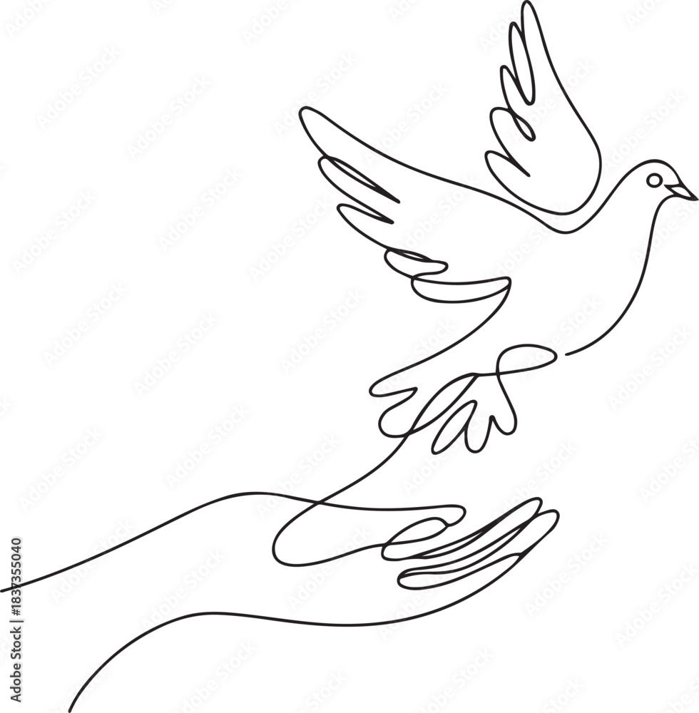 Fototapeta premium Flying dove from hand of One continuous line drawing. Dove symbol of peace and freedom in simple linear style. one line Icon drawing