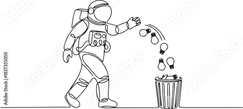Single one line drawing astronaut walking throwing light bulbs into trash can. Throwing out ideas to convey during space expeditions. Galaxy outer space. one line Icon drawing