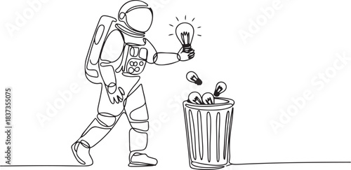 Single one line drawing astronaut walking throwing light bulbs into trash can. Throwing out ideas to convey during space expeditions. Galaxy outer space. one line Icon drawing