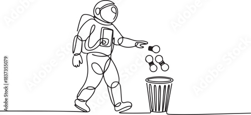 Single one line drawing astronaut walking throwing light bulbs into trash can. Throwing out ideas to convey during space expeditions. Galaxy outer space. one line Icon drawing