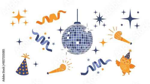 Night of Festivities: A whimsical arrangement of a disco ball, shimmering stars, party horns, a festive hat, and an adorable owl, setting the scene for a night of joy and celebration.