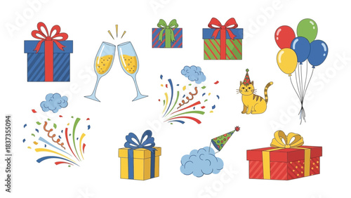 Party Celebration Elements Collection: Celebrate in style with a collection of vibrant party elements, including colorful gifts, sparkling champagne flutes, festive balloons, and playful confetti