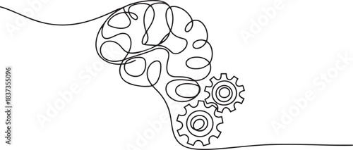 continuous line drawing of big human brain and gears. one line Icon drawing