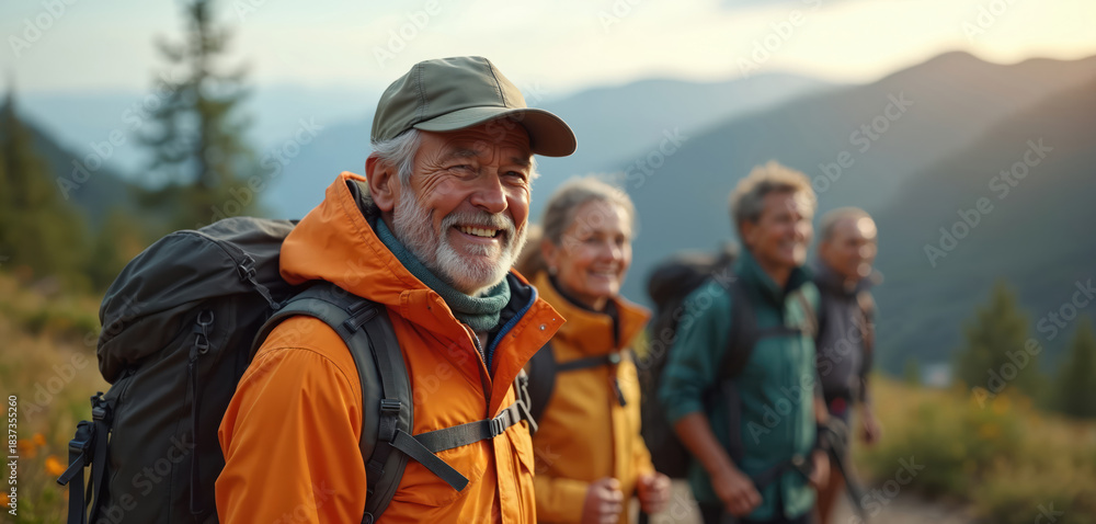 Fototapeta premium Elderly couple hikes mountains. Senior people walk on trail. Mature friends enjoy nature, exercise together. Happy diverse group in outdoor adventure.
