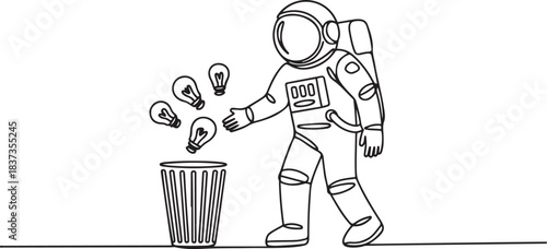 Single one line drawing astronaut walking throwing light bulbs into trash can. Throwing out ideas to convey during space expeditions. Galaxy outer space. one line Icon drawing
