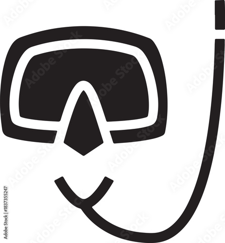 Black silhouette of a diving mask and snorkel a simple graphic icon representing underwater exploration and water sports isolated on transparent background