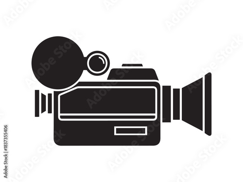Classic black video camera icon, recording device, movie camcorder silhouette