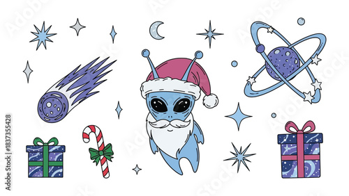 Festive Extraterrestrial Celebration: A charming depiction of a whimsical alien adorned in a Santa Claus hat, surrounded by cosmic elements and holiday cheer. 
