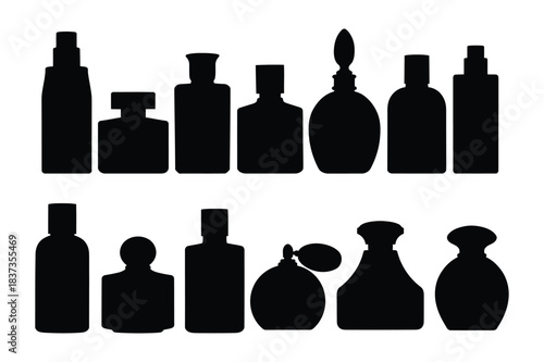 Cosmetic and perfume bottle silhouettes set on white background