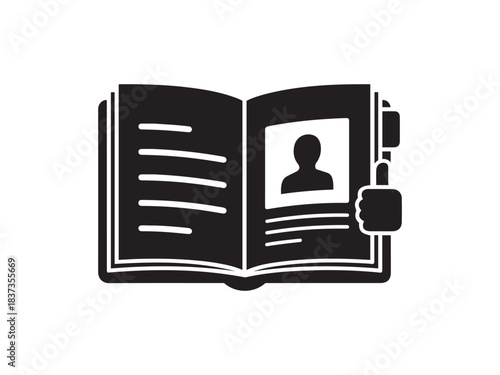 Open book icon with user profile, text lines and hand giving thumbs up