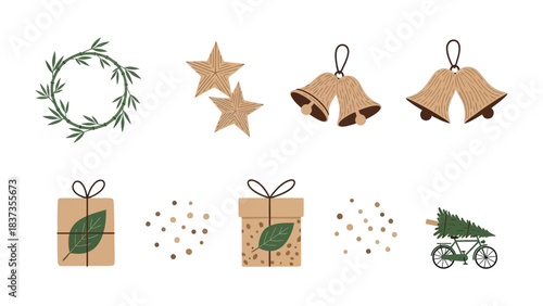 Festive Christmas Ornament : A charming assortment of rustic Christmas decorations, including delicate star, gentle bells, holiday gift boxes, and a bicycle carrying a tiny Christmas tree