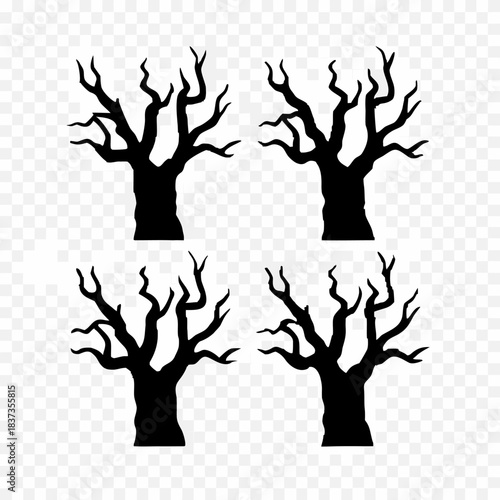 Four identical spooky black bare tree silhouettes with gnarled, twisted branches, graphic vector illustration.