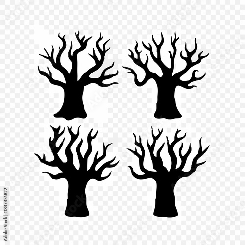 Set of four black bare tree silhouettes featuring gnarled, twisted branches and spooky, organic shapes.