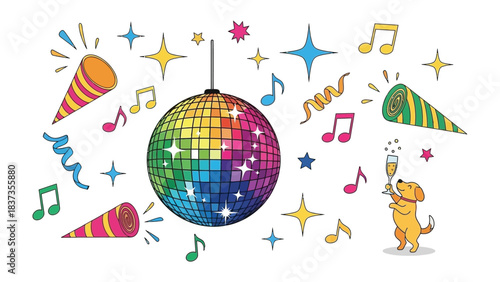 Celebration of Night: A vibrant disco ball sparkles, music notes dance, and party blowers add to the lively atmosphere. The image captures the essence of a fun-filled night.