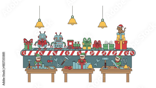 Factory of Christmas Presents: Inside a lively workshop, an organized assembly line busily constructs and prepares Christmas gifts, overseen by industrious elves amidst festive decorations.