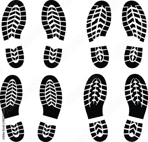 Diverse boot and shoe prints silhouette  with unique sole vector graphic.