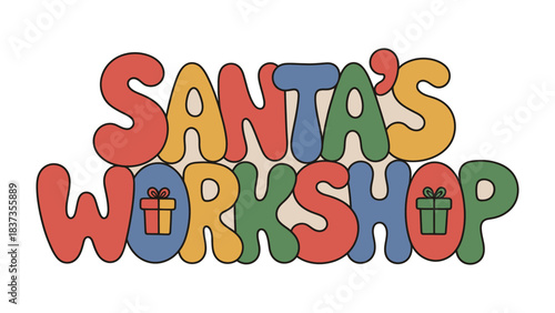Santa's Workshop Sign: A whimsical sign spells out Santa's Workshop, a vibrant and festive illustration showcasing the joyful spirit of gift-giving and holiday cheer.
