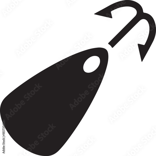 Black silhouette of a fishing lure with treble hooks a simple graphic design isolated on transparent background