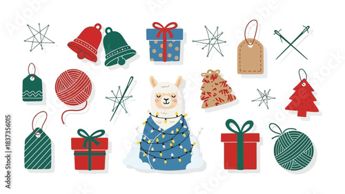 Festive Llama Wonderland: A charming illustration depicts a whimsical llama adorned with holiday lights amidst an array of festive elements, including ornaments, gifts, and wintery decorations.