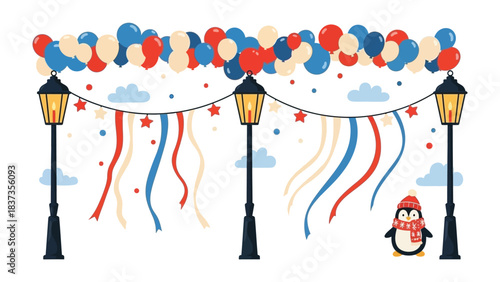 Celebration Street: A festive street scene adorned with colorful balloons, fluttering ribbons, and charming lamp posts, evoking a joyful atmosphere.