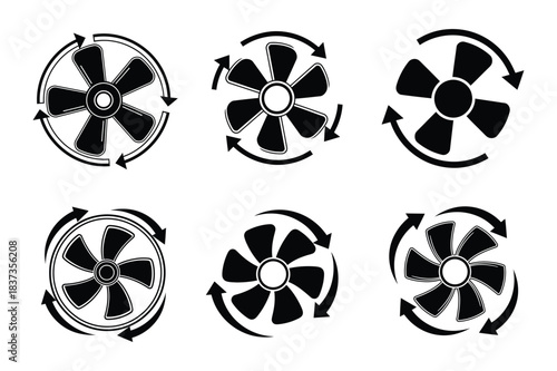 Ventilation and air circulation fan icons with rotating arrows