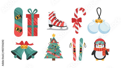 Festive Holiday Symbols: A collection of charming Christmas elements, featuring a decorated tree, gift, candy cane, ice skate and more, all ready to celebrate the joyous season.