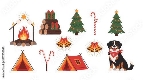 Holiday Cheer Collage: A festive collage of Christmas symbols like fir trees, gift, bells, and camping gear alongside a happy dog, evoking the spirit of holiday and outdoor fun.