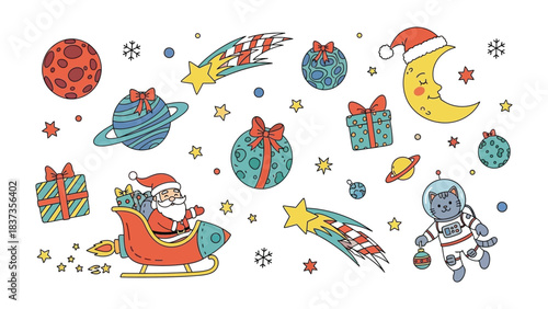 Celestial Christmas Celebration: A whimsical and festive illustration features a joyful Santa Claus in a rocket sleigh and astronaut cat exploring a cosmos of planets, shooting stars, festive gift.