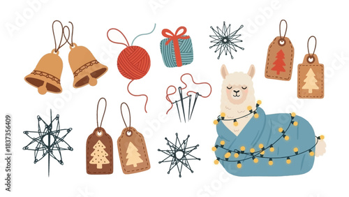 Cozy Christmas Collection: An assortment of festive elements, including charming bells, gift box, delicate snowflakes, and a cuddled llama adorned with a cozy wrap and twinkling lights.