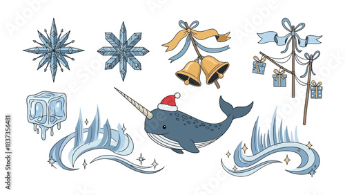 Festive Marine: A cheerful narwhal dons a Santa hat amid whimsical holiday elements, including snowflakes and bells. A joyful Christmas scene.